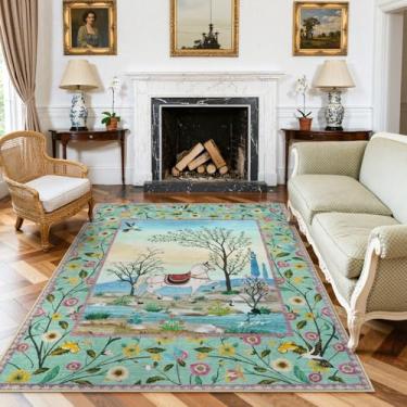 Imagem de LIVEBOX Tapetes verdes laváveis 12 x 18 cm para sala de estar, estampa floral de cavalo, botânico, selva, animal ocidental, berçário, crianças, meninas, tapete de luxo para sala de jantar, decoração