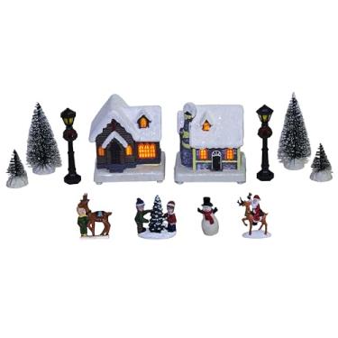 Imagem de MerryPulse Conjuntos de vila de Natal - 12 peças de estatuetas de Natal pintadas à mão de resina, casas de aldeia de Natal com luzes LED, exibição de cena de cidade de Natal para decoração de mesa de