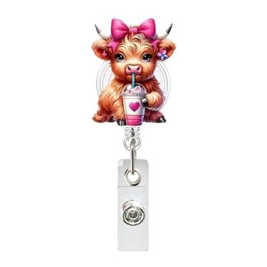 Imagem de Carretel retrátil de crachá de vaca Highland Highland para enfermeira, suporte de crachá de acrílico engraçado com laço de vaca decorativo, clipe para crachá de dia dos namorados, para estudantes
