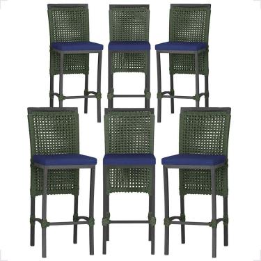 Imagem de 6 Banqueta Em Alumínio Roma Preta Corda Náutica Tecido 10 Verde