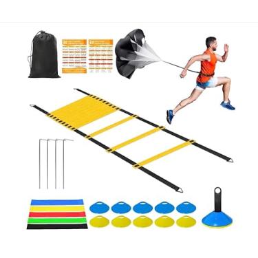 Imagem de Panykoo Conjunto de equipamentos de treinamento Speed Agility - escada de agilidade de 6 metros, 10 cones de disco, paraquedas de resistência, 5 faixas de resistência e bolsa de transporte |