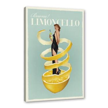 Imagem de Impressões em tela engraçadas italianas de comida e bebida – Pôster retrô de mulher em vidro com Limoncello Spaghetti Vino Pasta Cozinha Bar Decoração de parede (SKU1,30,5 x 40,6 cm = (30 x 40 cm