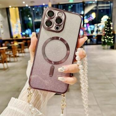 Imagem de Capa para Samsung Galaxy S24 FE S25 S23 Ultra S21 S20 S22 Plus com cordão magnético pérola transversal e alça com glitter, roxa, para S24 Plus