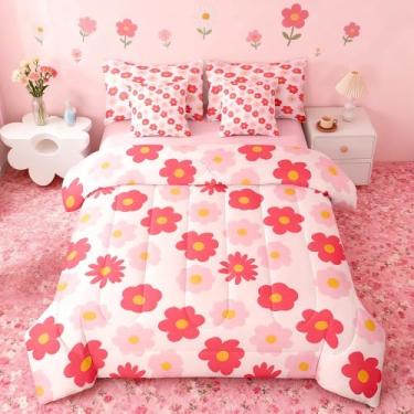 Imagem de Feelyou Conjunto de edredom floral rosa com 7 peças, solteiro, desenho kawaii, para crianças, meninos, meninas, decoração de quarto, microfibra leve e macia