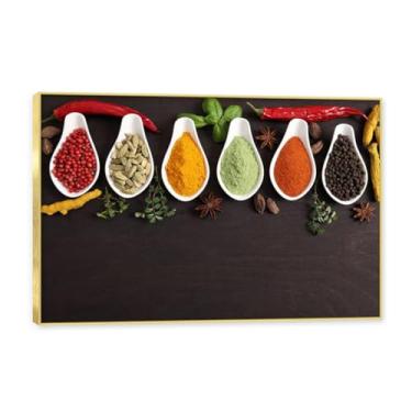 Imagem de NHLDZYH Moldura dourada. Arte de parede em tela de especiarias coloridas e colher de tempero | Decoração de cozinha vintage | Arte moderna para casa e sala de jantar. C07. 30 x 45 cm-11,8 x 17,7 pol