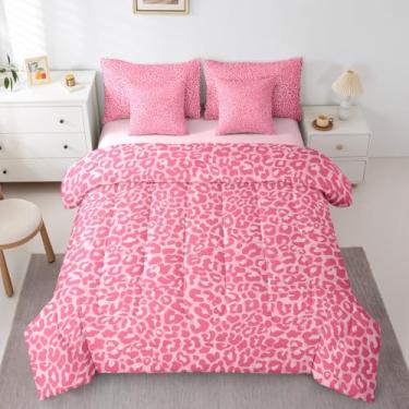 Imagem de Erosebridal Jogo de cama solteiro com estampa de leopardo rosa, 7 peças, estampa de chita sexy, conjunto de cama com textura de pele de animal, inclui edredom, conjunto de lençol, fronhas e fronhas