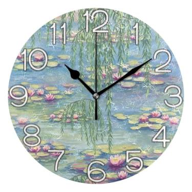 Imagem de GAIGEO Relógio de parede analógico decorativo estético silencioso sem tique-taque relógio de cozinha rústico, retrô moderno art déco decoração de parede aquarela floral rosa nenúfares de água, 25 cm