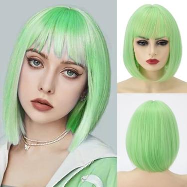 Imagem de Peruca curta reta bob com franja 20 cm moda sintética colorida cosplay diária festa peruca para mulheres verde fluorescente