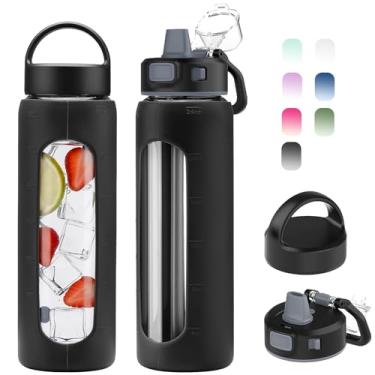 Imagem de Kodrine Garrafa de água de vidro de 680 g com canudo - 2 tampas - Garrafa de vidro de entrada diária reutilizável com medidas, manga de silicone, marcador de tempo, suporte de copo para casa, academia