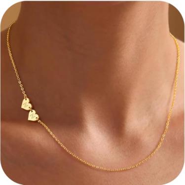 Imagem de Colar feminino banhado a ouro 14K delicado com duas iniciais de coração delicado corrente ajustável moderna joias personalizadas presentes de aniversário para mãe, melhor amiga e filha, 16+2.5", Latão