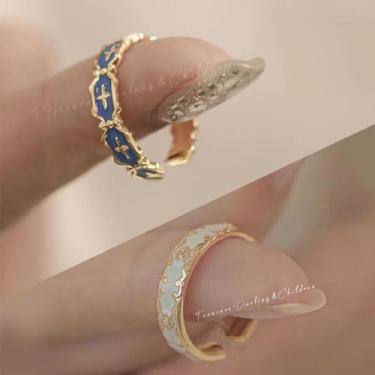 Imagem de Anel de cruz esmaltada com esmalte azul e branco, design exclusivo de óleo de gotejamento em estilo joia moderna para mulheres, Latão, Sem pedra preciosa