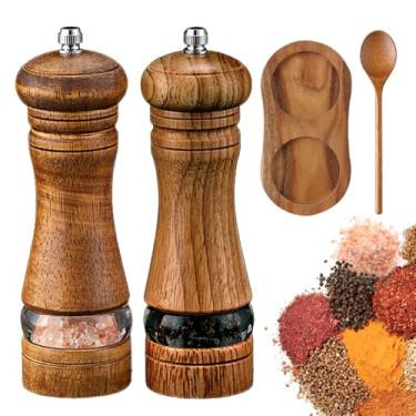 Imagem de Conjunto de moedor de sal e pimenta de madeira com bandeja, saleiro e pimenteiro manual de 15 cm com moedores de grossura ajustável, sal e pimenta