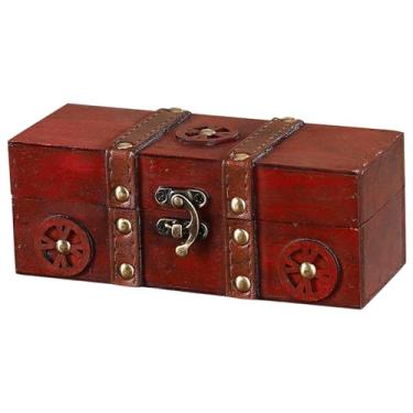 Imagem de Caixa de joias vintage de madeira vermelha, 17 x 7 cm rústica pequena caixa decorativa para anéis, brincos, maquiagem, lembranças, mesa de casa e organizador de vaidade (vermelho)