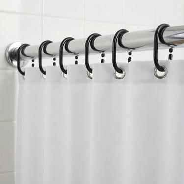 Imagem de Conjunto de 12 anéis de cortina de chuveiro de plástico, em forma de C, ganchos de cortina de chuveiro pretos para varões de chuveiro, ganchos de cortina transparentes leves para cortinas e forros