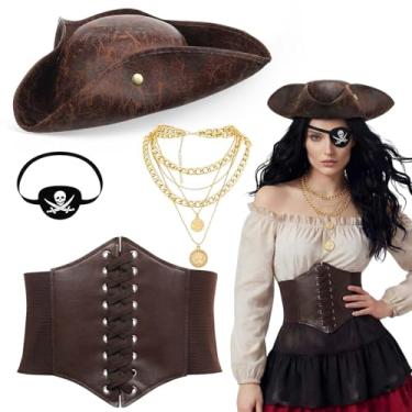 Imagem de Maiteenly 4 peças fantasia de pirata tricórnio marrom chapéu pirata espartilho cinto colar caveira e tapa-olhos para adultos mulheres homens cosplay e vestido (GG)