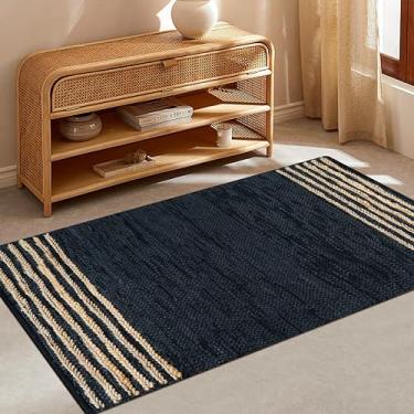 Imagem de RIANGI Tapete de área de juta/couro tecido à mão - 1,8 m x 2,5 m - Tapetes retangulares reversíveis bege rústico para quarto, cozinha, sala de estar - Tapete de juta 1,5 x 2,3 m