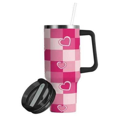 Imagem de ATTX Copo de coração quadriculado de 850 g com alça, copo de aço inoxidável a vácuo de parede dupla com palha, caneca de café de viagem isolada #87