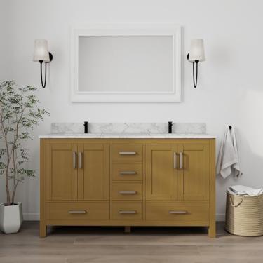 Imagem de HIGEINE Vaidade de banheiro de 152 cm atualizada com pia, 4 portas e 6 gavetas, armário de madeira independente com pia integrada, orifício de torneira pré-perfurado - montagem fácil (carvalho do