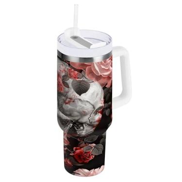 Imagem de SEHANY Copo de caveira e rosas de 1,18 l com alça, copo isolado de aço inoxidável a vácuo de parede dupla, à prova de vazamento, caneca de café isolada para viagem cabe no suporte de copo de carro