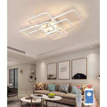 Imagem de Luminária de teto LED retangular para sala de estar, com intensidade regulável e controle remoto, ideal para quarto, escritório e restaurante (branca, 8 anéis).