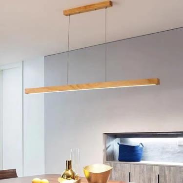 Imagem de Luminária pendente LED para mesa de jantar em madeira, com intensidade regulável, luminária pendente LED moderna com controle remoto, altura ajustável, design linear moderno, ideal para sala