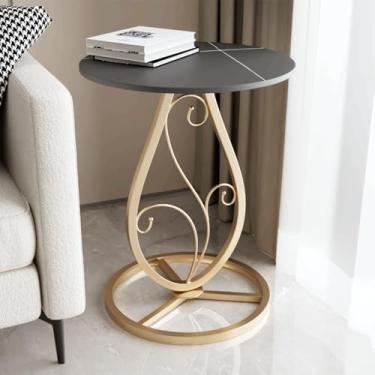 Imagem de Mesa lateral redonda boho, sala de estar, mesa de canto de mármore natural com base floral de metal minimalista, decoração moderna, mesa de cabeceira para sala de estar, quarto, sofá e varanda