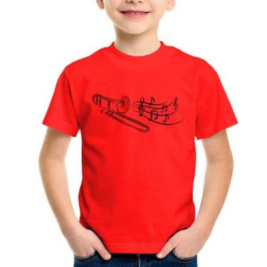 Imagem de Camiseta Infantil Trombone Notas Musicais - Foca na Moda, Vermelho, 8