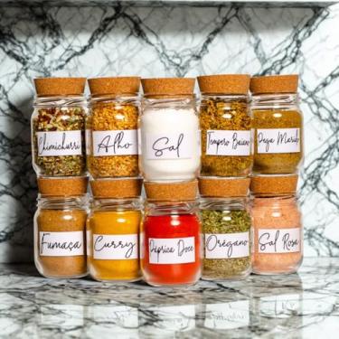 Imagem de Kit 10 Potes de Vidro para Temperos 200ml com 42 Adesivos Organizadores, Porta Condimentos Transparente para Cozinha e Despensa (10 Potes + Cartela Branca)