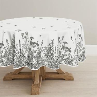 Imagem de Horaldaily Toalha de mesa redonda primavera verão 152 × 152 cm, flores silvestres, floral, preta, lavável, sazonal, para decoração de festa, piquenique, jantar