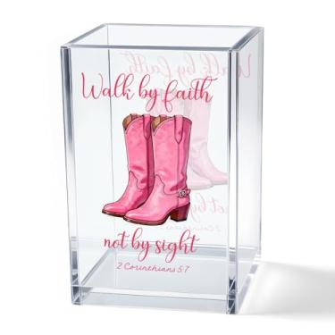 Imagem de Vgrti Walk by Faith Not by Sight 2 Corinthians 5:7 Copo de acrílico para lápis cosmético, organizador de mesa Western Cowgirl para decoração de escritório em casa, presentes de fé cristã rosa para