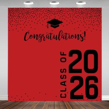 Imagem de Congrats Grad Backdrop Class of 2025 Graduate Party Fundo de fotografia vermelho e preto decorações de festa de formatura boné de foto suprimentos para fotos banner mesa de bolo adereços de cabine de