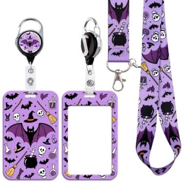 Imagem de BKBKAAK Cordão roxo de Halloween com suporte de crachá e gancho de metal e carretel retrátil - chapéu de bruxa, morcegos, caveiras, design protetor de etiqueta de nome para escola, escritório