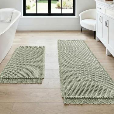 Imagem de H.VERSAILTEX Tapete de banho waffle super absorvente boho tapete de banho antiderrapante para banheiro lavável na máquina tapetes de banheiro secagem rápida com borlas (114 x 43 mais 43 x 61 cm