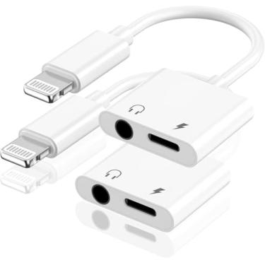Imagem de [Certificado Apple MFi] Pacote com 2 adaptadores Lightning para conector de fone de ouvido de 3,5 mm, adaptador 2 em 1 para iPhone, áudio auxiliar e adaptador divisor de cabo de carregador para iPhone