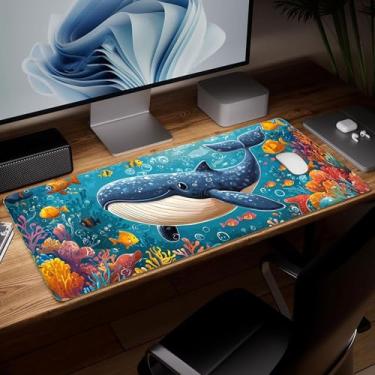 Imagem de Tapete de mesa de couro baleia, mouse pad de arte colorida grande teclado de computador para jogos mousepad à prova d'água protetor e capa de mesa, tapete decorativo de couro PU para laptop, decoração