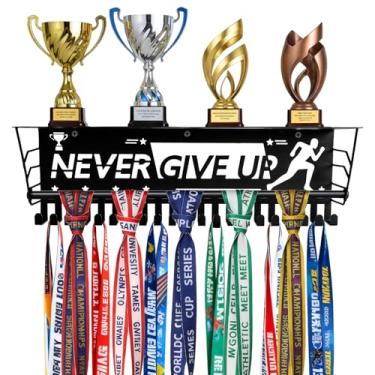 Imagem de Fasmov Exibição de cabide de medalha com prateleira de troféu, suporte de medalha de 40,6 cm para exibição de troféu, prateleira de troféu com 21 ganchos, suporte de parede resistente para medalhas de