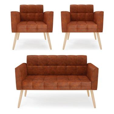 Imagem de Kit 1 Sofá Namoradeira E 2 Poltronas Elisa Corano Pés Palito Natural - D'rossi Cor Nozes
