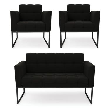 Imagem de Kit 1 Sofá Namoradeira E 2 Poltronas Elisa Suede Preto Base Metálica Industrial Preto - D'rossi