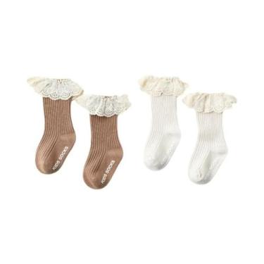 Imagem de Meias De Algodão Longas Com Renda Para Meninas, Meias De Tubo Médio Pa