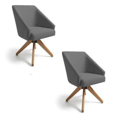 Imagem de Kit 2 Poltronas Giratórias Alana Linho Grafite Base De Madeira - Pallazio