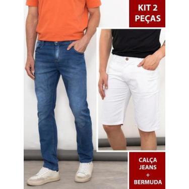 Imagem de Kit 2 Peças Masculino Calça Jeans Corte Moderno+ Bermuda Sarja Branca 