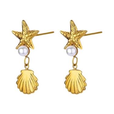 Imagem de Brincos De Aço Inoxidável Vintage Femininos Com Estrela-do-mar E Conch