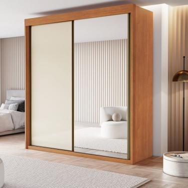 Imagem de Guarda Roupa Solteiro com Espelho 2 Portas de Correr Em MDF Chicago Conquista Móveis - Cinamomo/Off White