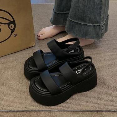 Imagem de Sandálias Femininas De Couro Chunky Com Salto Wedge De 8CM, Casuais De