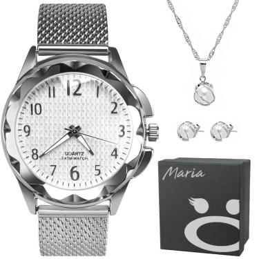 Imagem de Relogio Feminino Aço Inox Prova Dagua + Pulseira + Colar Moda Silicone Casual Qualidade Premium