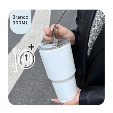 Imagem de Copo Térmico Branco 900ml com Canudo de Aço Inox e Escova - Tudo em Caixa