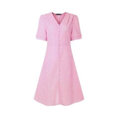 Imagem de Vestido Midi Listrado Azul Para Mulheres, Decote Em V, Manga Bufante, 