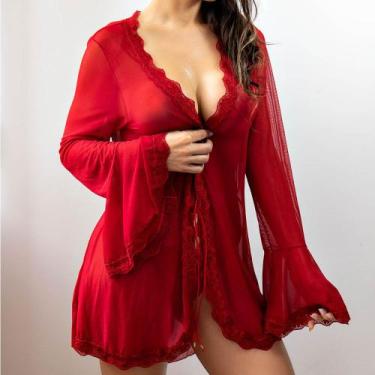 Imagem de Robe Curto de Luxo Ilustre em Tule e Renda com Transparência - Vermelh