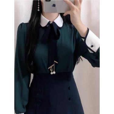 Imagem de F3401-Camisa Blusa Feminina Social Laço Gravata Verde Manga Longa Eleg