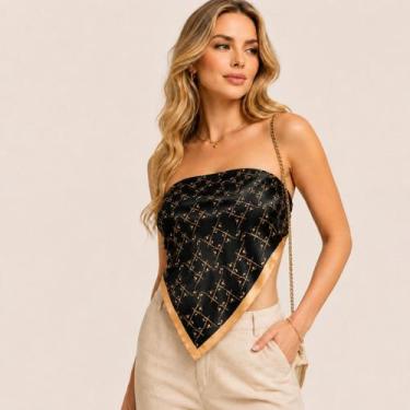 Imagem de Lenço Feminino de Cetim Preto e Dourado 90x90 cm Corte a Laser Quadrad
